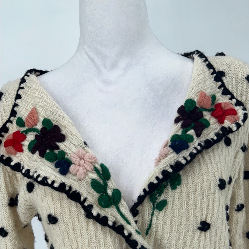 TACH Black and Cream Polka Dot Cardigan Farah Hand-Knitted Wool Cardigan SZ XS - Picture 8 of 15
